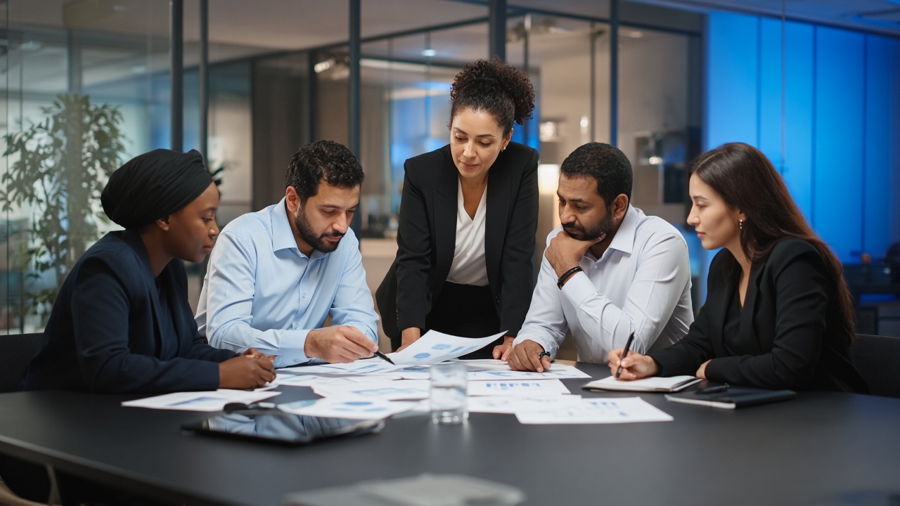 Team reviewing commercial evidence — illustrative diligence context